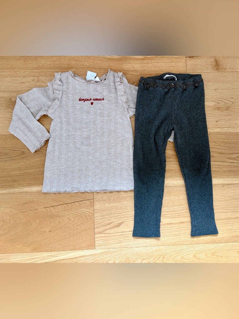 Zara Beige Ribbed Leggings Set with Dark Gray Bottoms